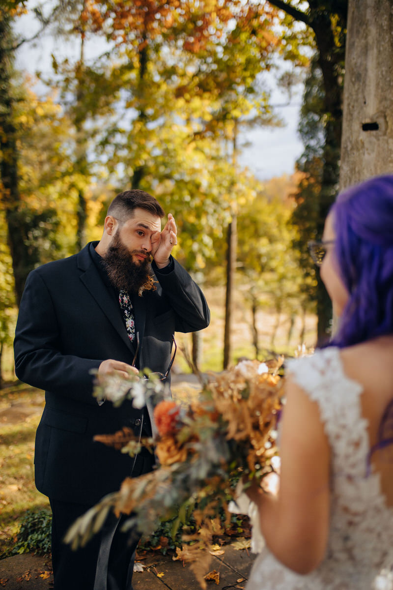 Celebrant crying while looking at their to-be-wed during their wedding first look