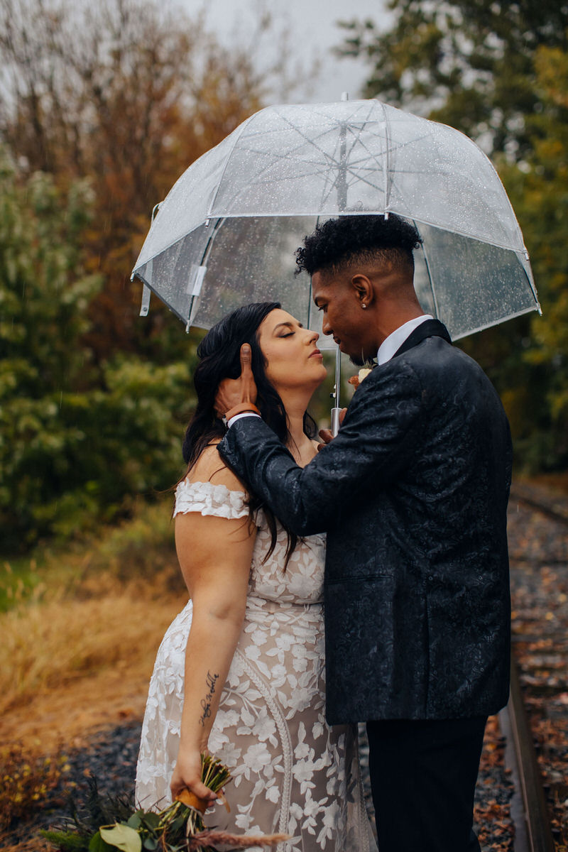 Couple about to kiss under a clear umbrella