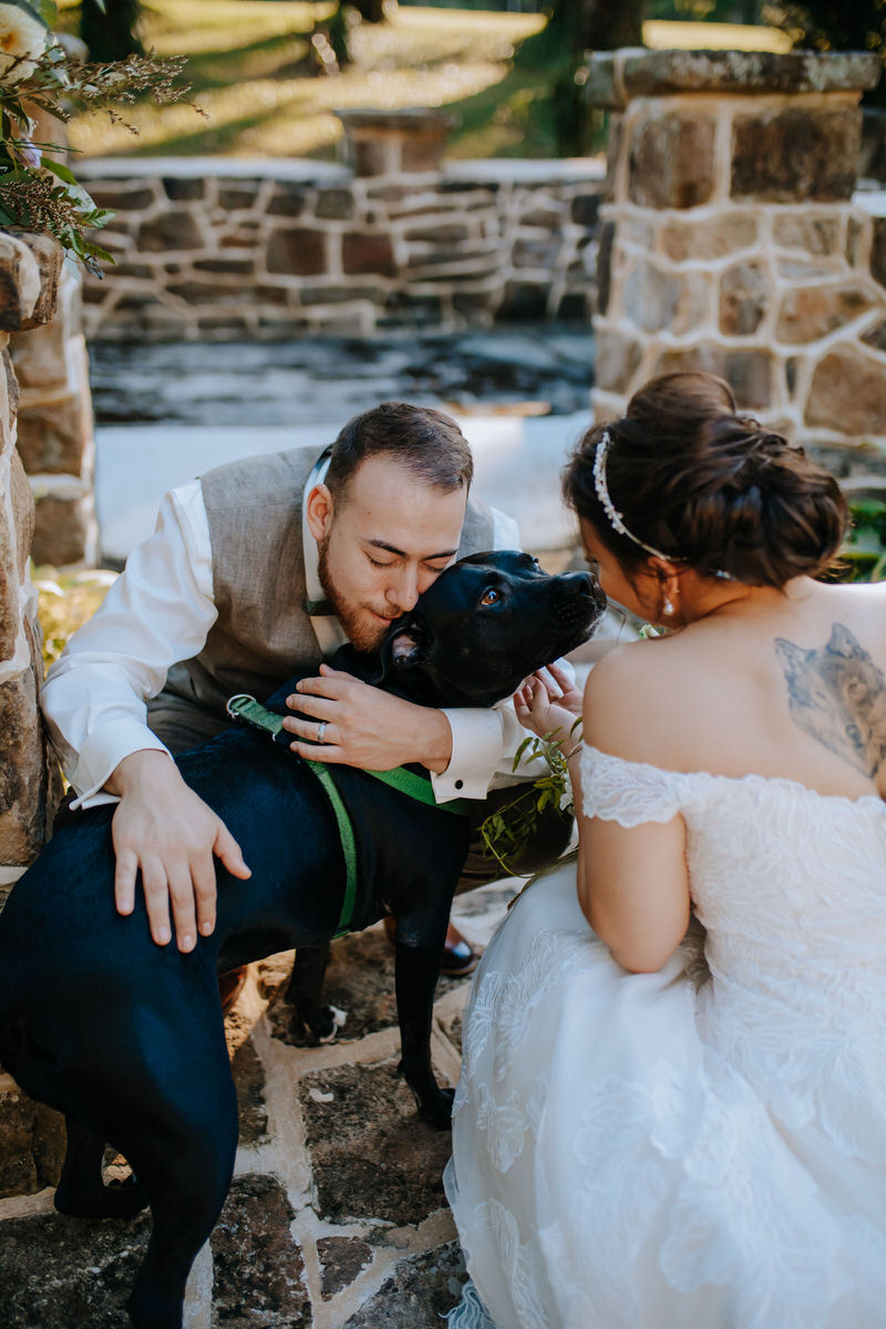 couple in their wedding outfits hugging their dog