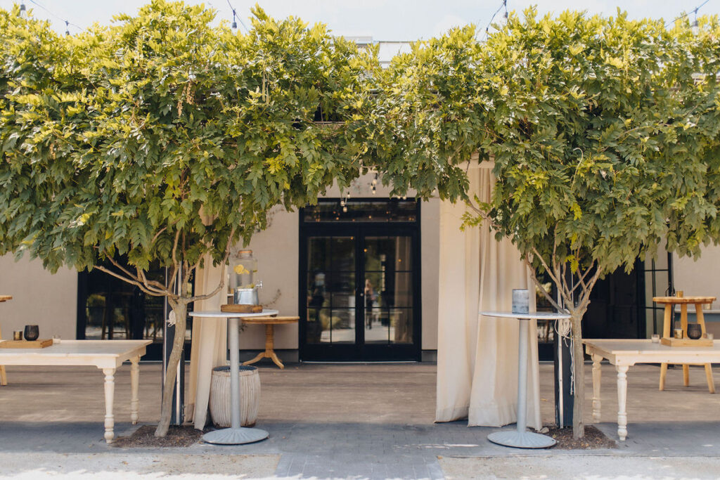 A tranquil outdoor seating area with wooden benches under lush green trees in front of a modern building entrance, inviting a serene dining experience.