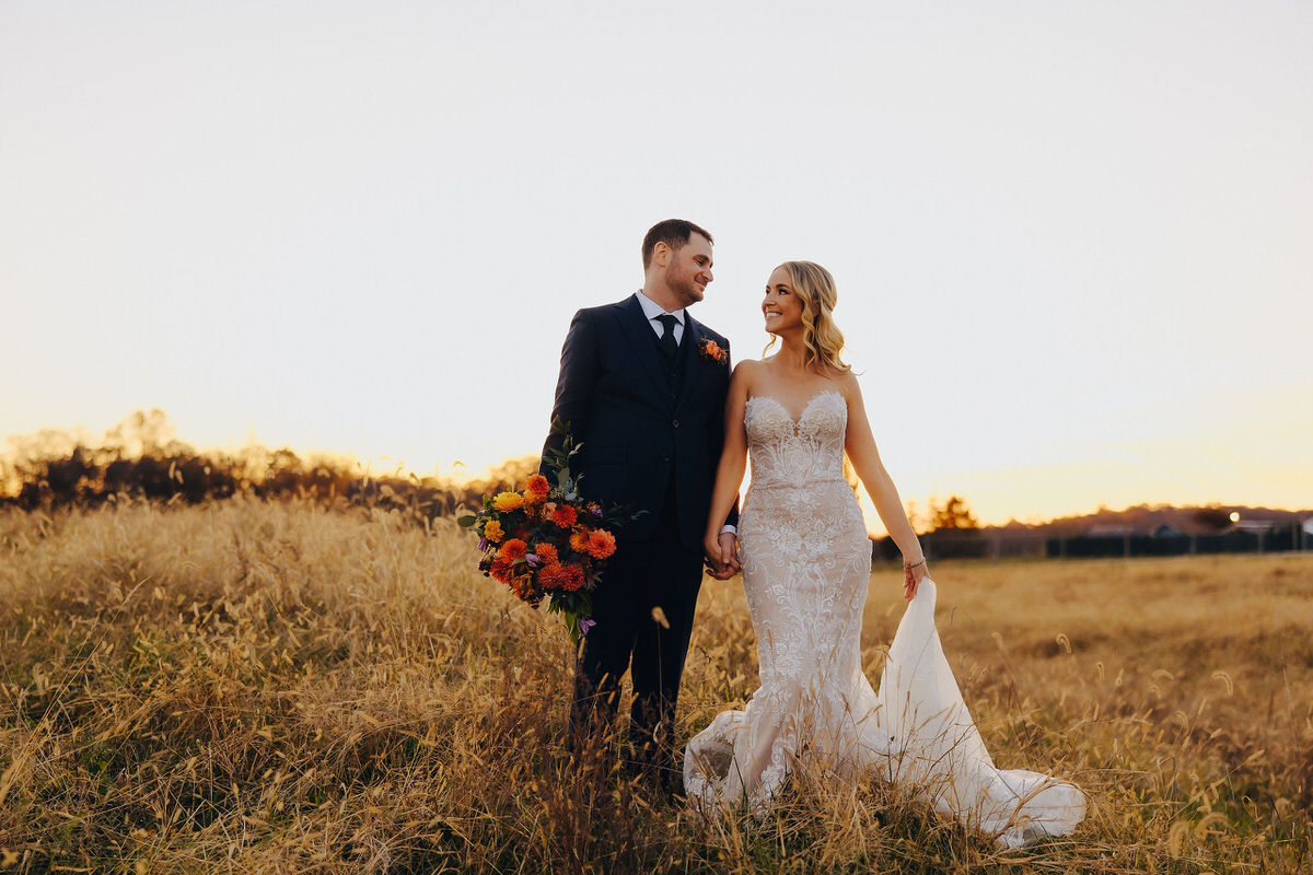 Featured image for a blog on how to pick a wedding photographer featuring a newlywed couple standing in a field as one holds their dress and the other holds a bouquet of flowers.