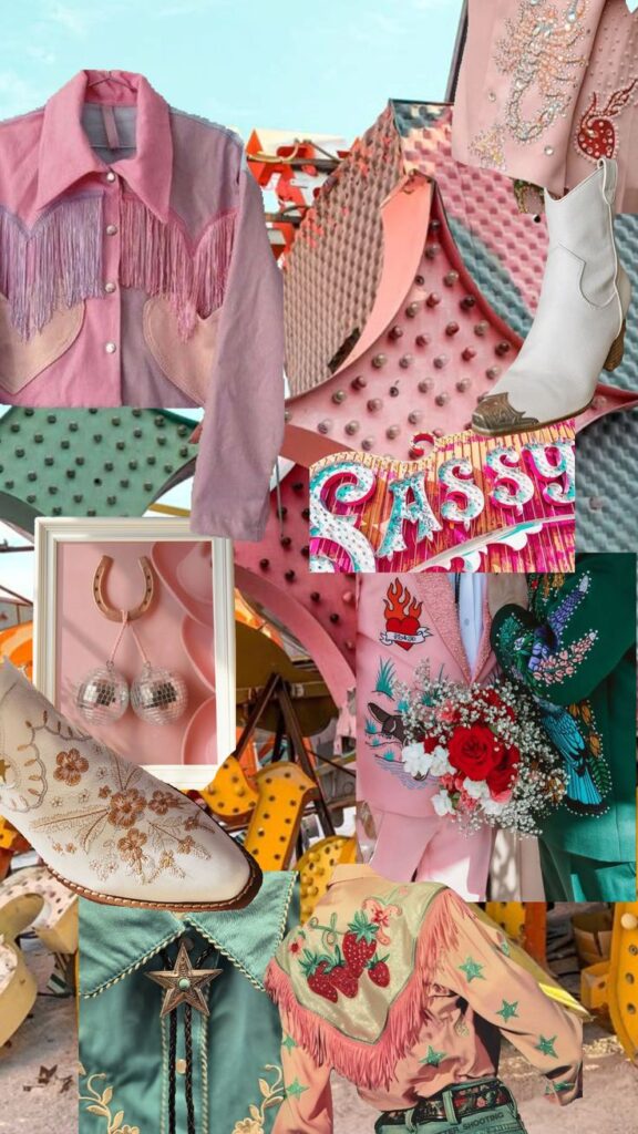 Neon Museum Pinterest Collage Vision Board with tassels, disco balls, and pastel colors